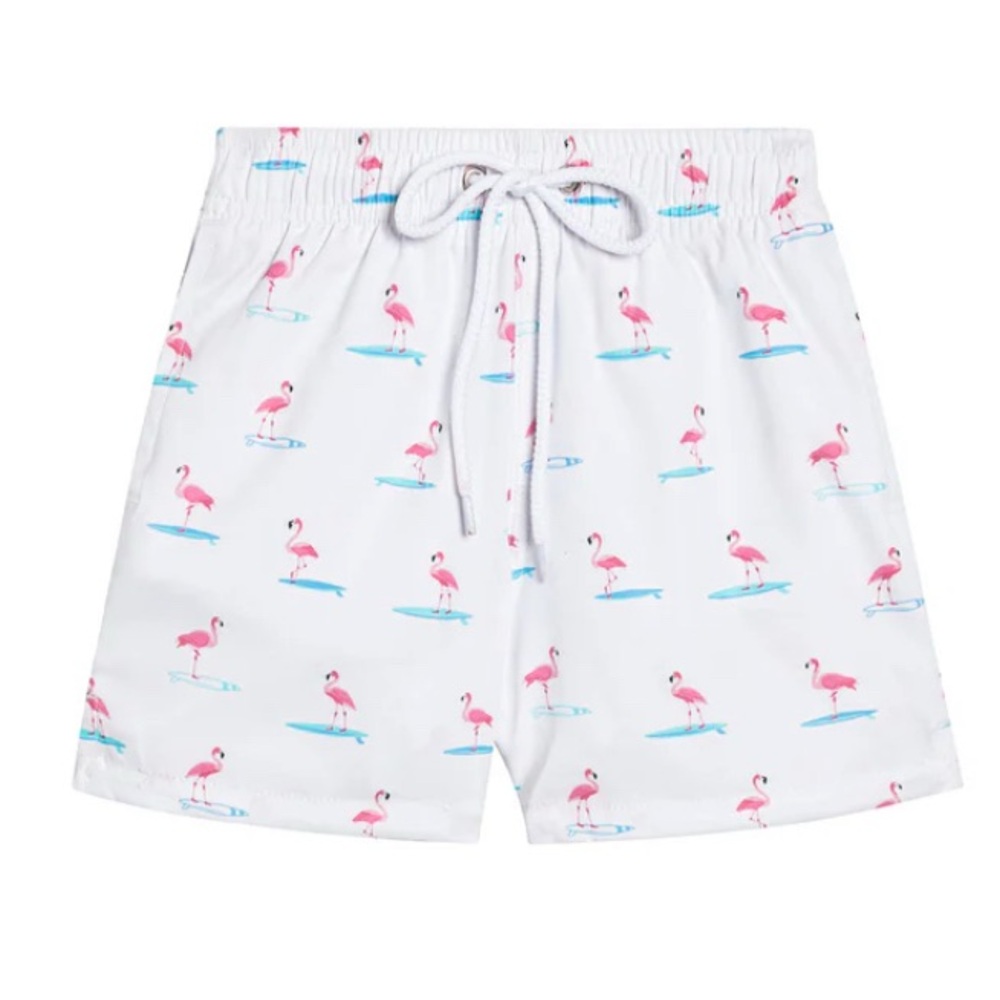 Kenny Flowers White Swim Shorts with Pink Flamingo Print